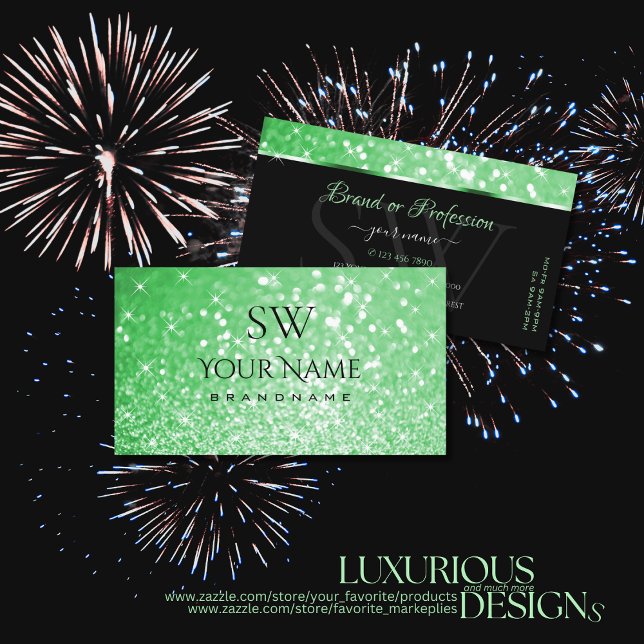 Luxurious Emerald Green Glitter Stars and Initials Business Card (Creator Uploaded)