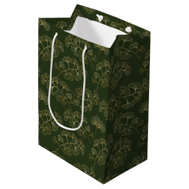 Luxurious Emerald Green Gold Botanical Leaf Medium Gift Bag (Front Angled)
