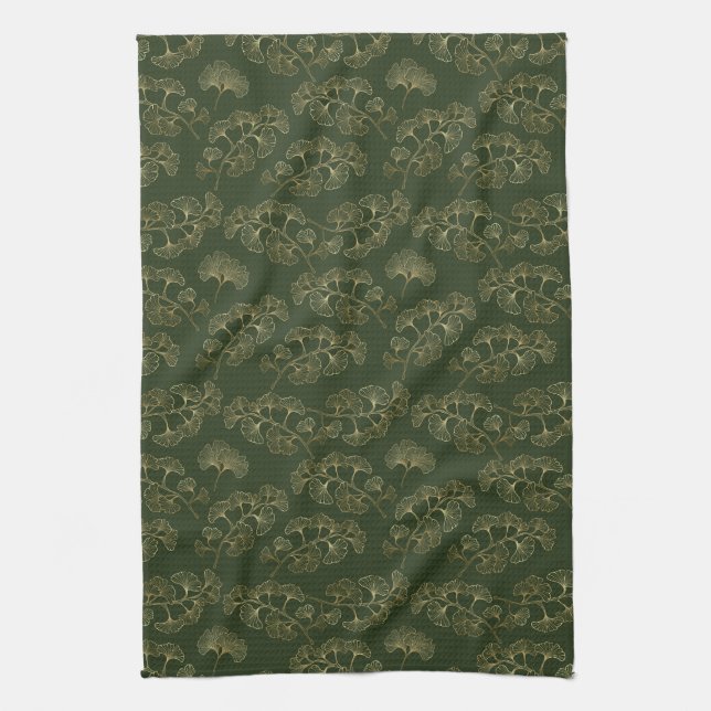 Luxurious Emerald Green Gold Botanical Leaf Tea Towel (Vertical)