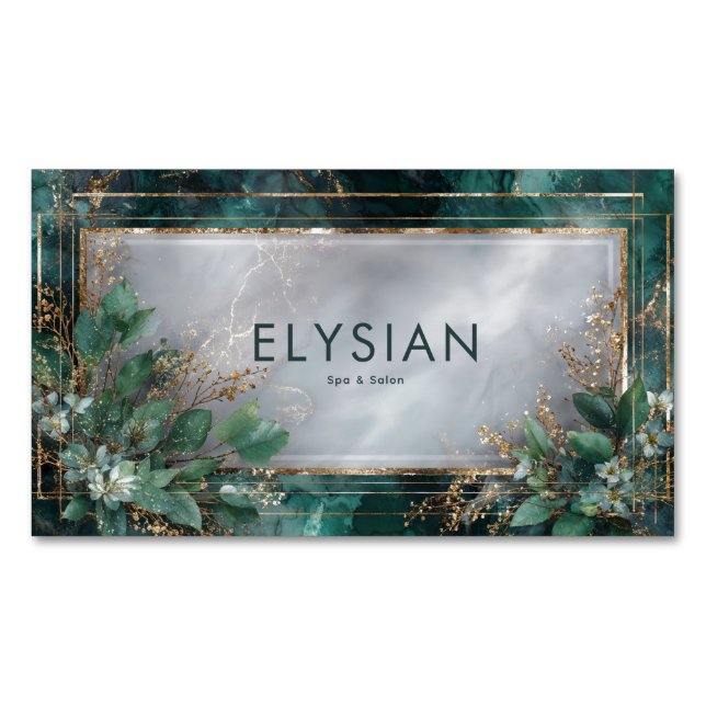 Luxurious Emerald Green Marble & Botanical Gold Magnetic Business Card (Front)