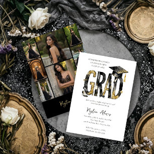 Luxurious Fashion Glitter Grad 8 Photo Collage Invitation