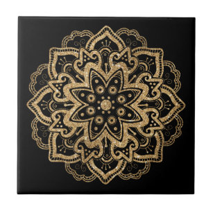 Luxurious Faux Gold Glitter Boho Mandala Black Tile