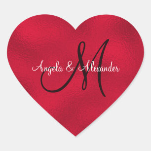 Luxurious Faux Red Foil Newlywed Monogram Heart Sticker