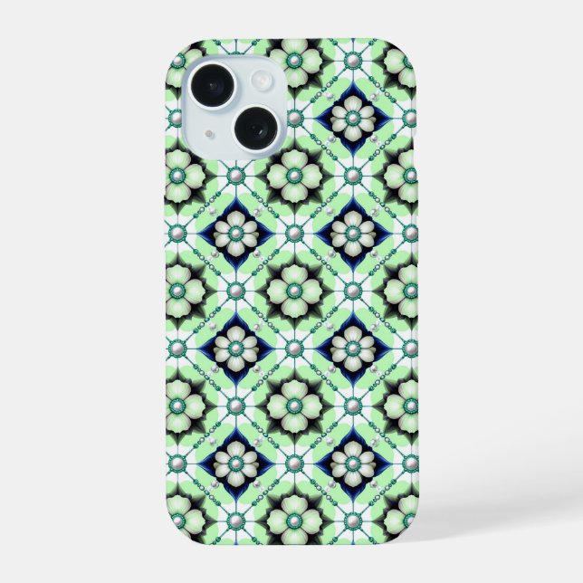 Luxurious Floral Tile Pattern With Blue Green Bead iPhone 15 Case (Back)