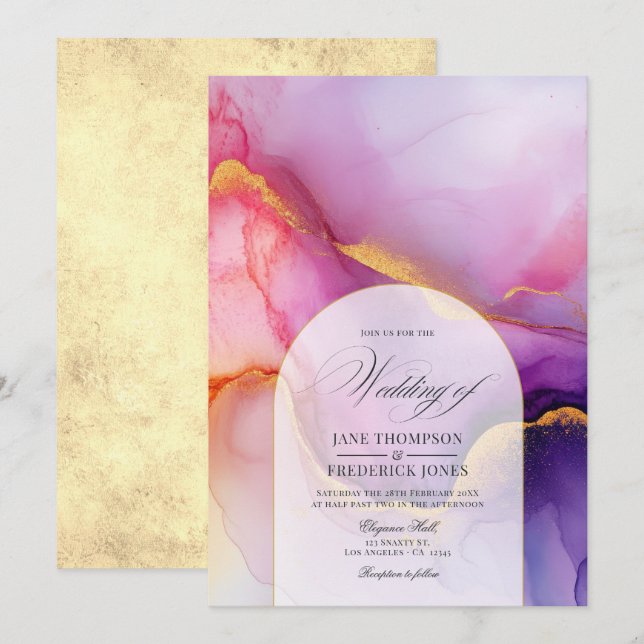 Luxurious Flowing Purple and Gold Ink Wedding Invitation (Front/Back)