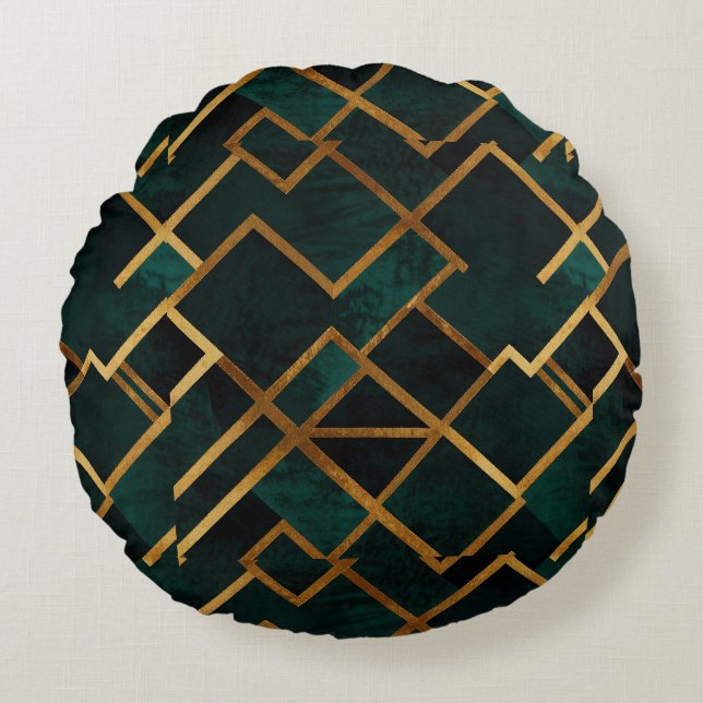 Luxurious Geometric Gold and Emerald Round Cushion (Front)