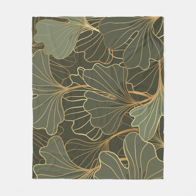 Luxurious Ginkgo Gold Line Art Fleece Blanket (Front)