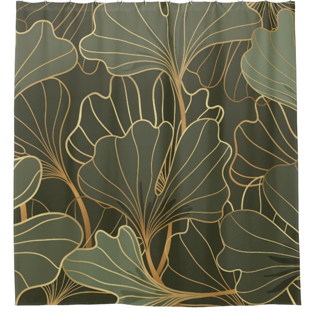 Luxurious Ginkgo Gold Line Art Shower Curtain (Front)