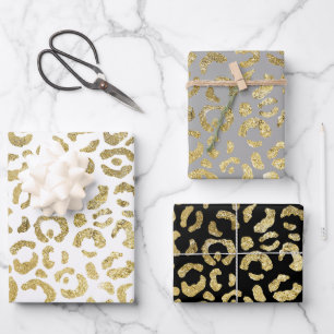 Luxurious Glam Gold Gray Leopard Print Set of 3 Wrapping Paper Sheet