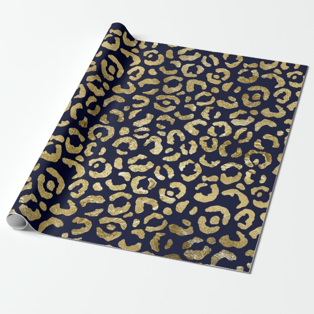 Luxurious Glam Gold Navy Leopard Print Wrapping Paper (Unrolled)
