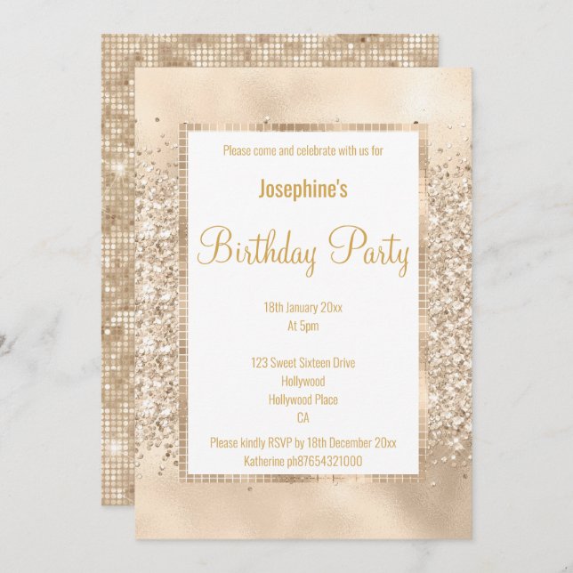 LUXURIOUS GLITTER CHAMPAGNE & GOLD CUSTOM  INVITATION (Front/Back)