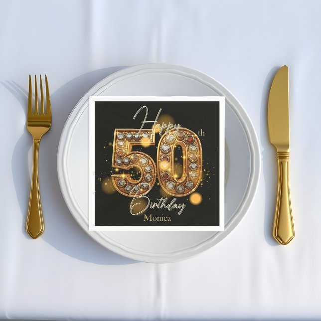 Luxurious Gold and Black Gemstone 50th Birthday Napkin (Creator Uploaded)