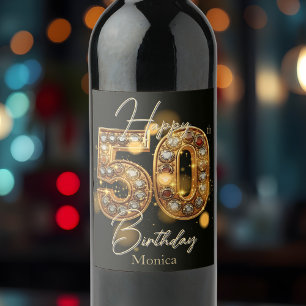 Luxurious Gold and Black Gemstone 50th Birthday Wine Label