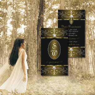 Luxurious Gold and Black Ornate Ornaments Monogram Business Card