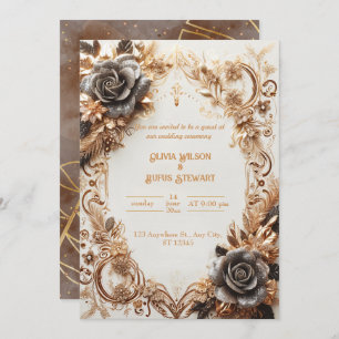  Luxurious Gold and Black Rose Wedding Invitation
