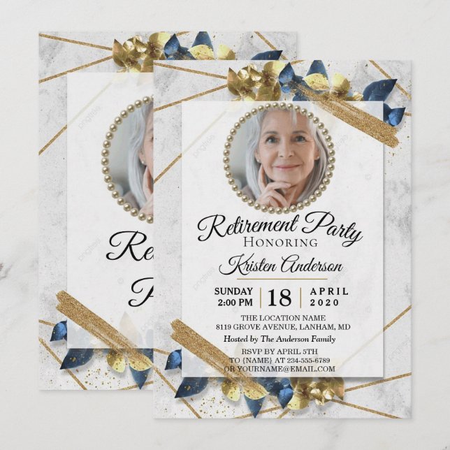 Luxurious Gold and Blue Ribbon Retirement Party  Invitation (Front/Back)