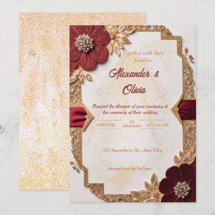 Luxurious Gold and Burgundy Floral Wedding Invitat Invitation