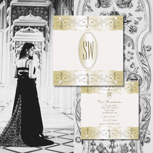 Luxurious Gold and Cream Ornate Ornaments Initials Square Business Card (Creator Uploaded)
