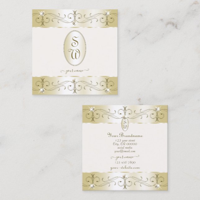 Luxurious Gold and Cream Ornate Ornaments Monogram Square Business Card (Front/Back)
