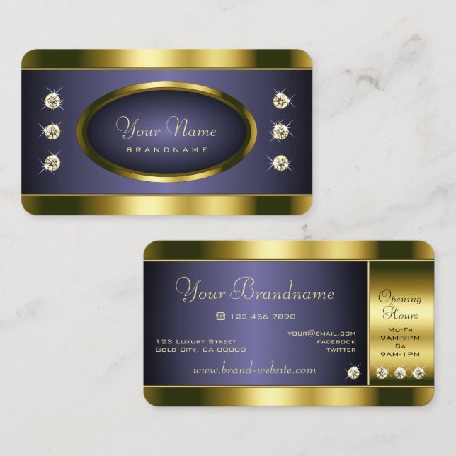 Luxurious Gold and Dark Blue with Faux Rhinestones Business Card (Front/Back)