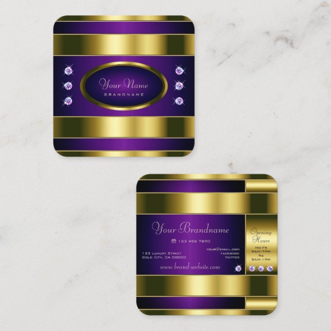 Luxurious Gold and Purple with Faux Diamonds Square Business Card (Front/Back)