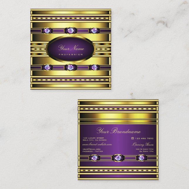 Luxurious Gold and Purple with Faux Rhinestones Sq Square Business Card (Front/Back)