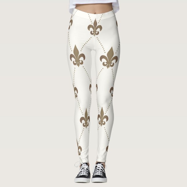 Luxurious Gold and White Fleur de Lis Leggings (Front)