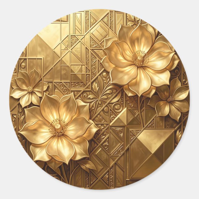 Luxurious Gold Art Deco Floral Embossed Pattern Classic Round Sticker (Front)