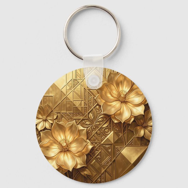 Luxurious Gold Art Deco Floral Embossed Pattern Key Ring (Front)