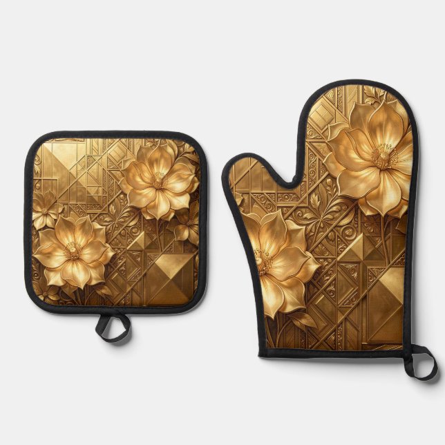 Luxurious Gold Art Deco Floral Embossed Pattern Oven Mitt & Pot Holder Set (Front)