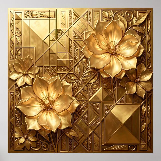 Luxurious Gold Art Deco Floral Embossed Pattern Poster (Front)