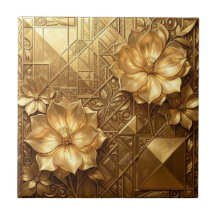 Luxurious Gold Art Deco Floral Embossed Pattern Tile