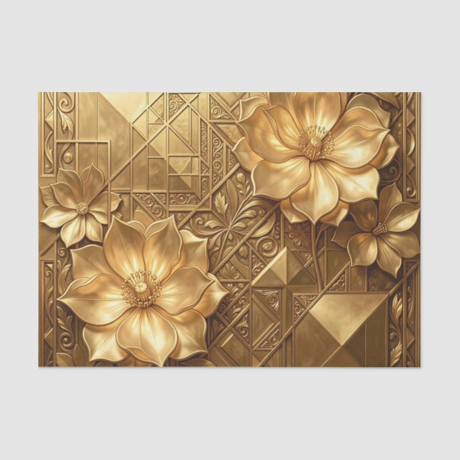 Luxurious Gold Art Deco Floral Embossed Pattern Tissue Paper (Front)