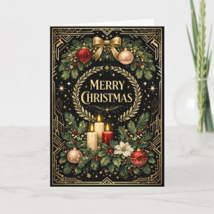 Luxurious Gold Art Deco Merry Christmas Wreath Holiday Card