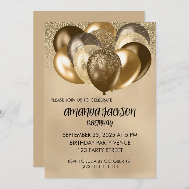 Luxurious Gold Balloons General Birthday Invite (Front/Back)