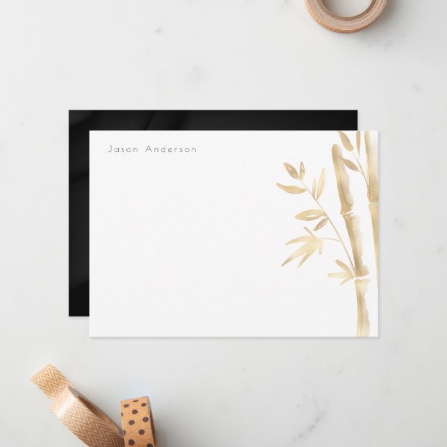 Luxurious Gold Bamboo Monogram Stationery Card (Front/Back In Situ)
