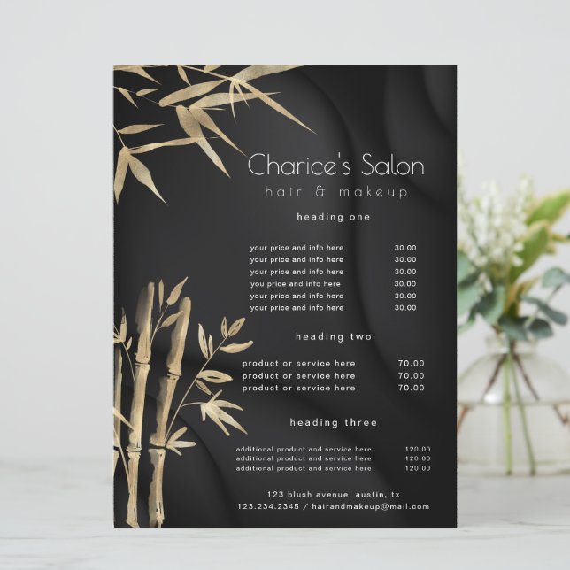 Luxurious Gold Bamboo Salon Price Card (Standing Front)