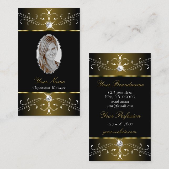 Luxurious Gold Black Ornate Ornaments with Photo Business Card (Front/Back)