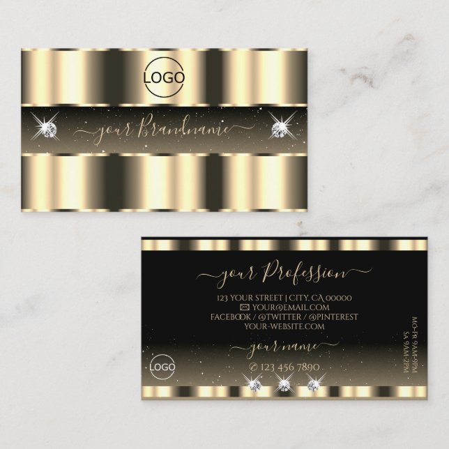 Luxurious Gold Black Sparkling Diamonds with Logo Business Card (Front/Back)