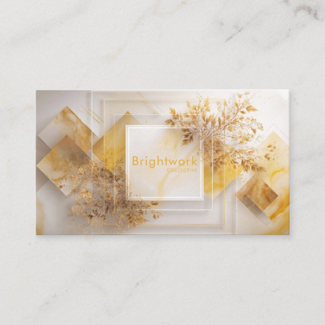 Luxurious Gold Botanical & White Marble Geometric Business Card (Front)