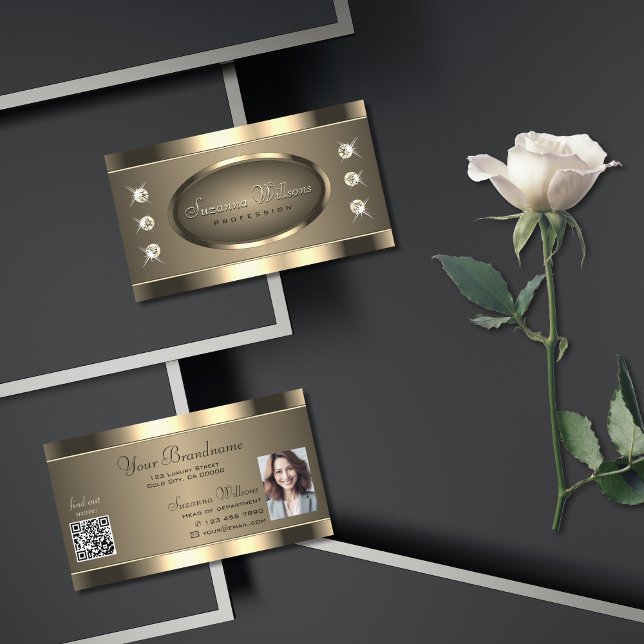 Luxurious Gold Brown with Jewels QR Code and Photo Business Card (Creator Uploaded)