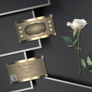 Luxurious Gold Brown with Rhinestones and QR Code Business Card