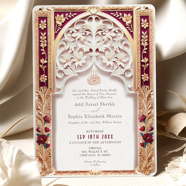 Luxurious Gold Burgundy Islamic Wedding Arabesque Invitation (Creator Uploaded)