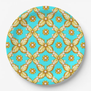 Luxurious Gold Butterfly Pattern With Pearl Accent Paper Plate