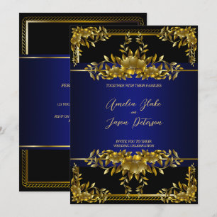 Luxurious Gold Carving Floral   Blue Black Invitation