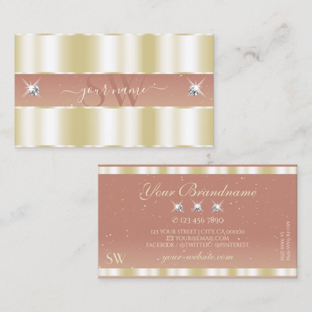 Luxurious Gold Coral Sparkling Diamonds Monogram Business Card (Front/Back)