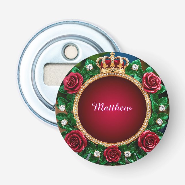 Luxurious Gold Crown Frame Adorned With Roses Bottle Opener (Front)
