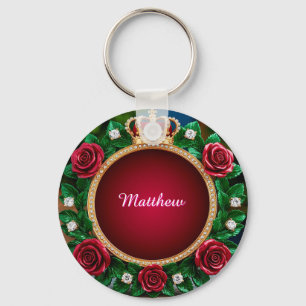 Luxurious Gold Crown Frame Adorned With Roses Key Ring