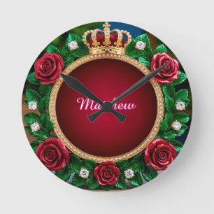 Luxurious Gold Crown Frame Adorned With Roses Round Clock