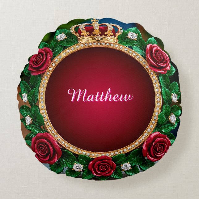 Luxurious Gold Crown Frame Adorned With Roses Round Cushion (Front)